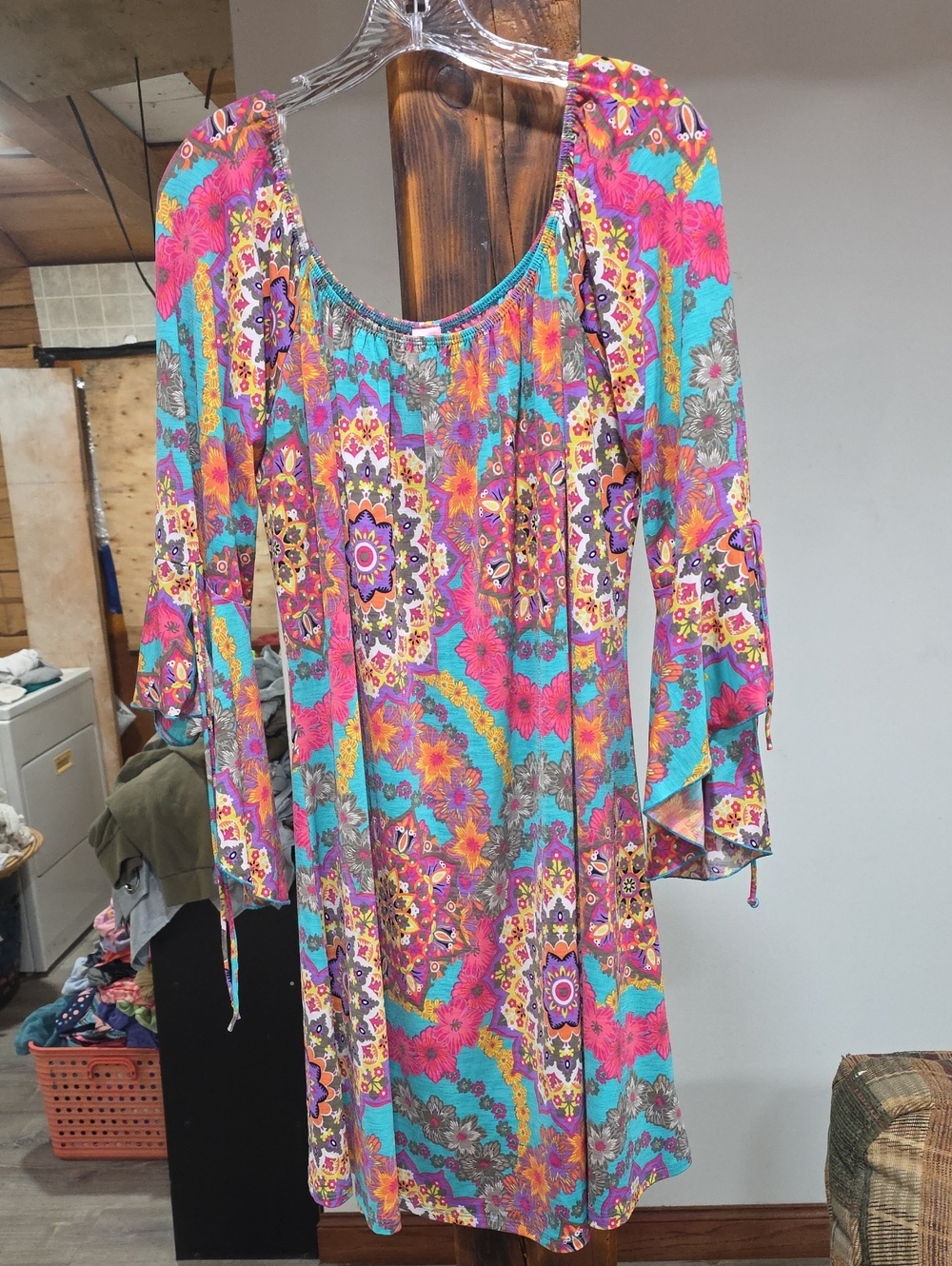 Honeyme Turquoise Pink Yellow Floral Boho Long Sleeve Dress